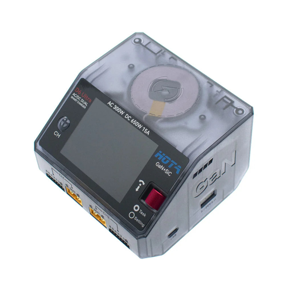 HOTA D6 Ultra 氮化鎵AC/DC AC 300W DC 650W15A雙通道智慧充電器 (透黑)