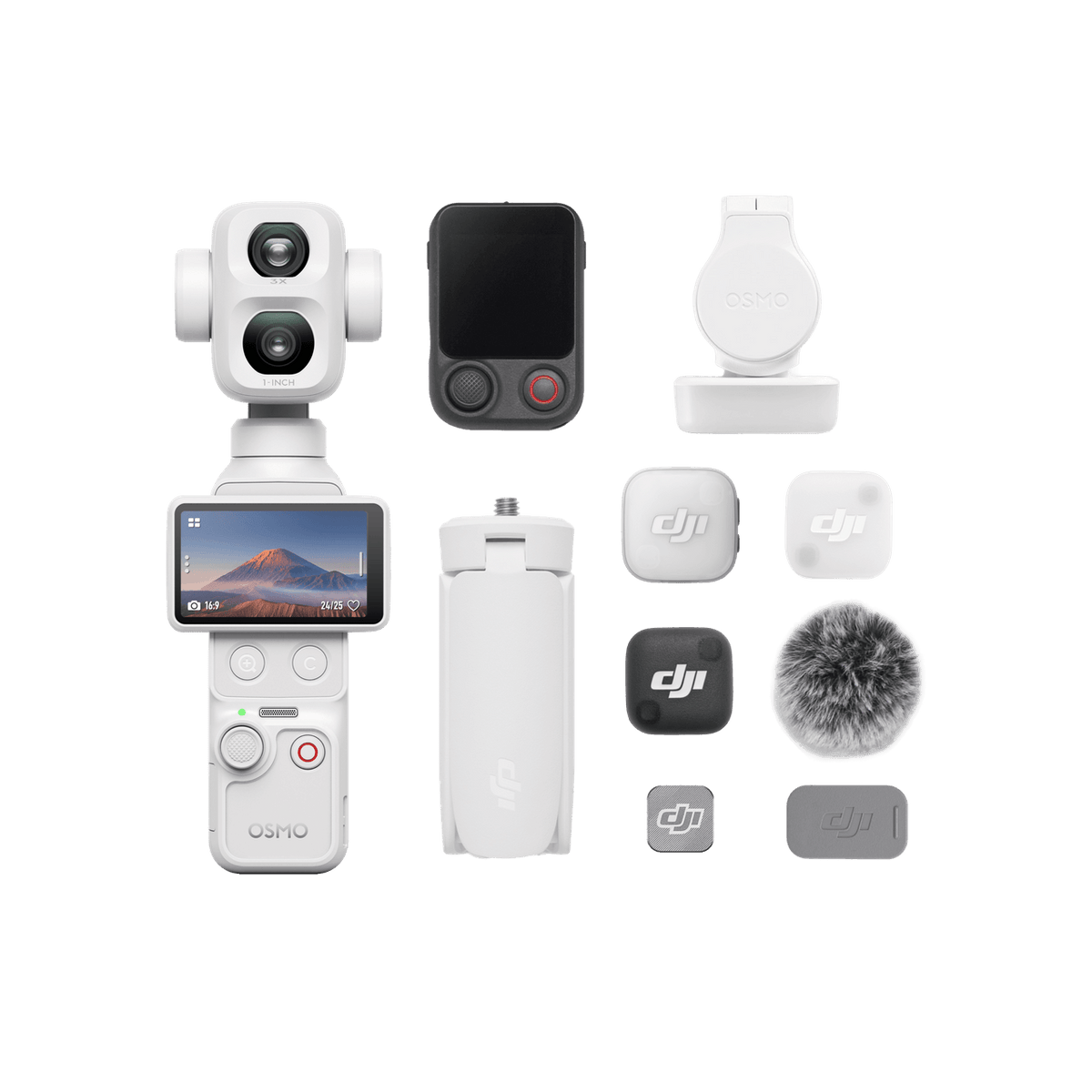 DJI Osmo Pocket 4P 珠光白 VLOG 套裝相機、遙控器、麥克風與配件